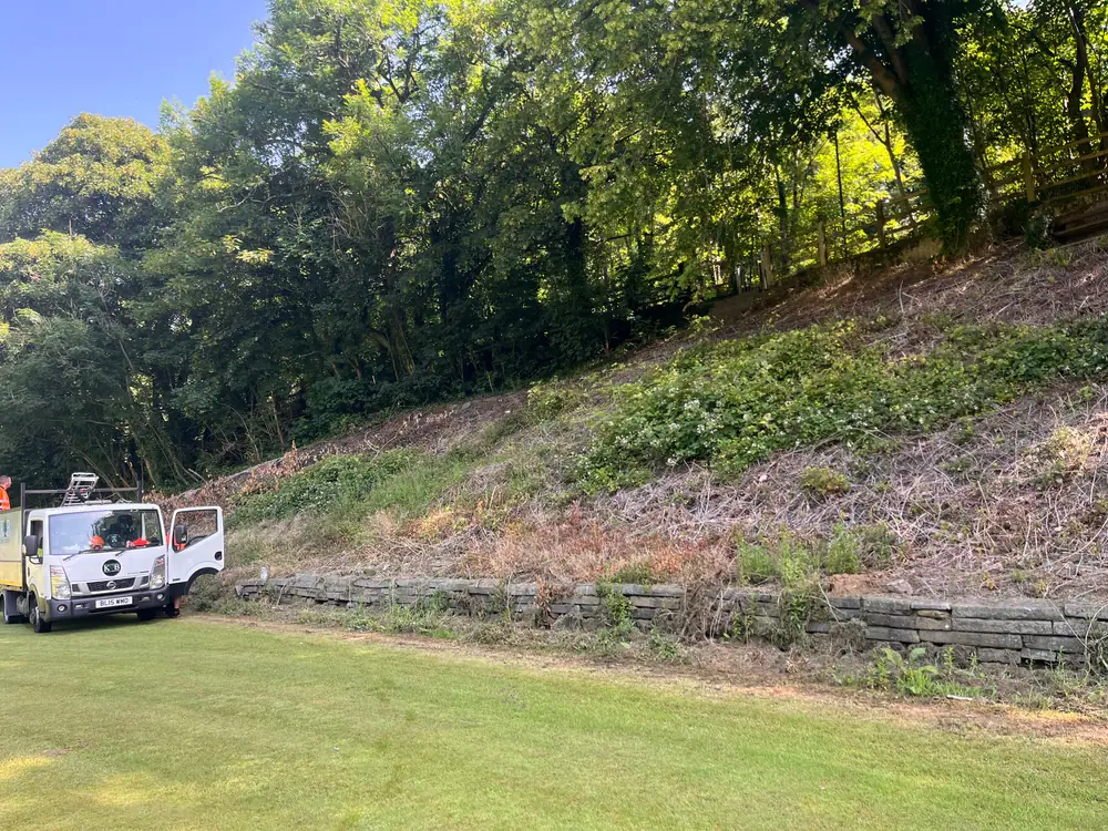 Maintained grass and cleared bank beside a KB Trees and Grounds vehicle